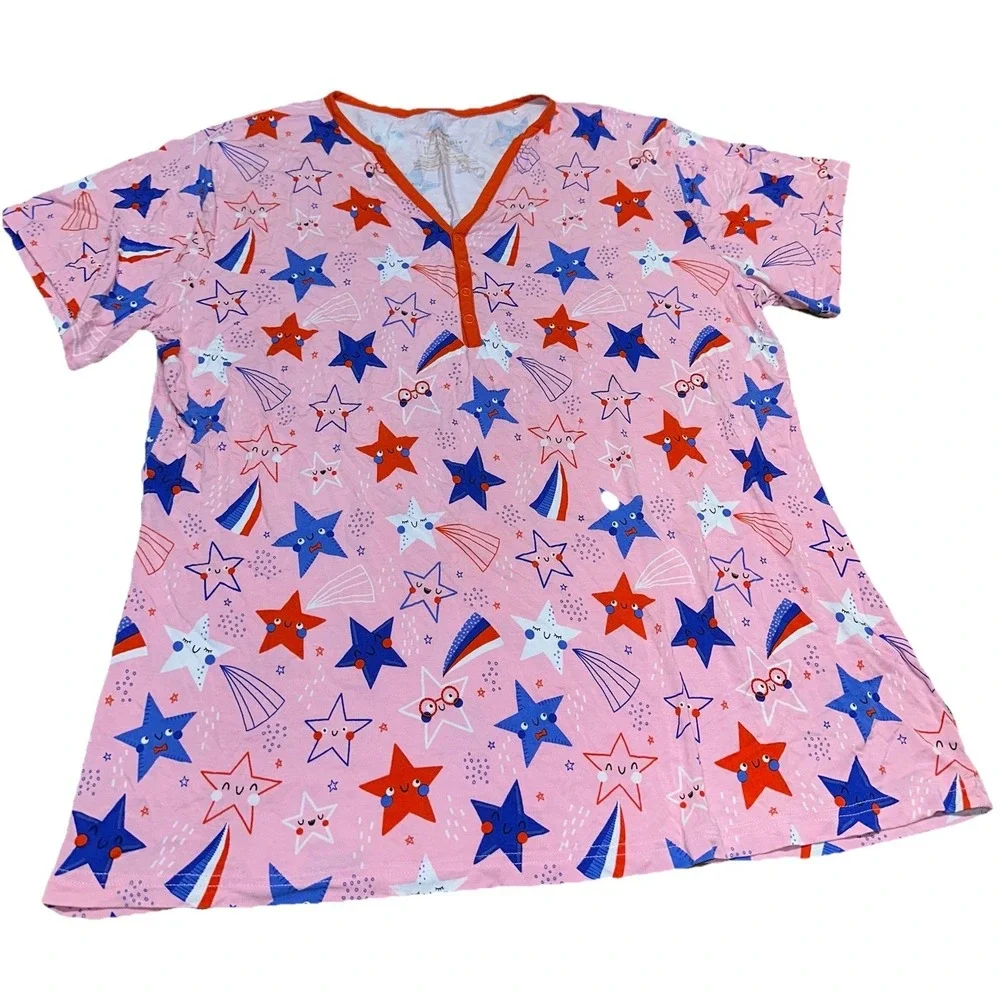 Little Sleepies Pink Starry Splash Short Sleeve Bamboo Pajama Top Women's XL